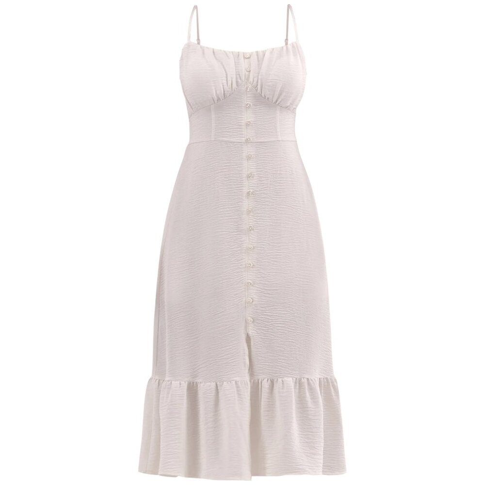 Excellent Condition, SZ L, Tiered Crushed Satin Midi Dress, Ivory Off White